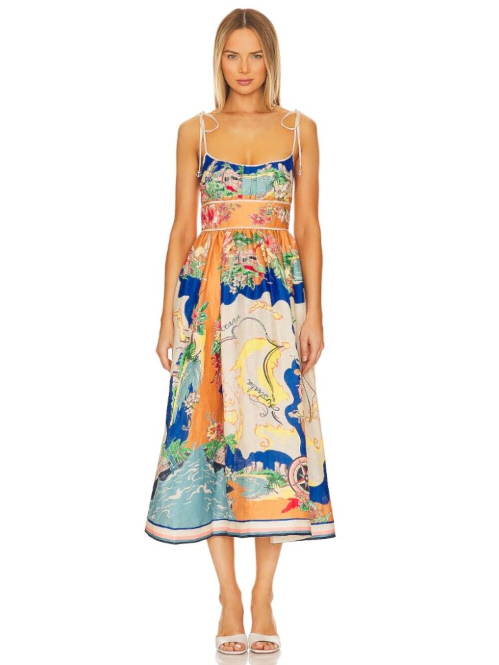 NWT Zimmermann Alight Picnic Midi Dress Mustard Blue Nautical Map Linen Size 0